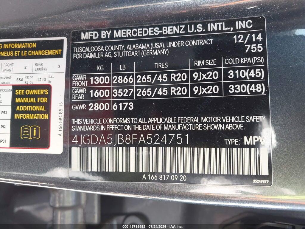 4JGDA5JB8FA524751 2015 MERCEDES-BENZ ML 350 photo no. 9