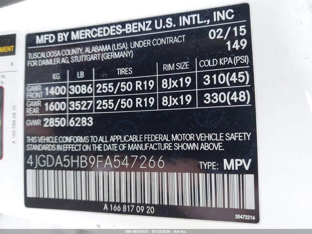 4JGDA5HB9FA547266 2015 MERCEDES-BENZ ML 350 photo no. 9