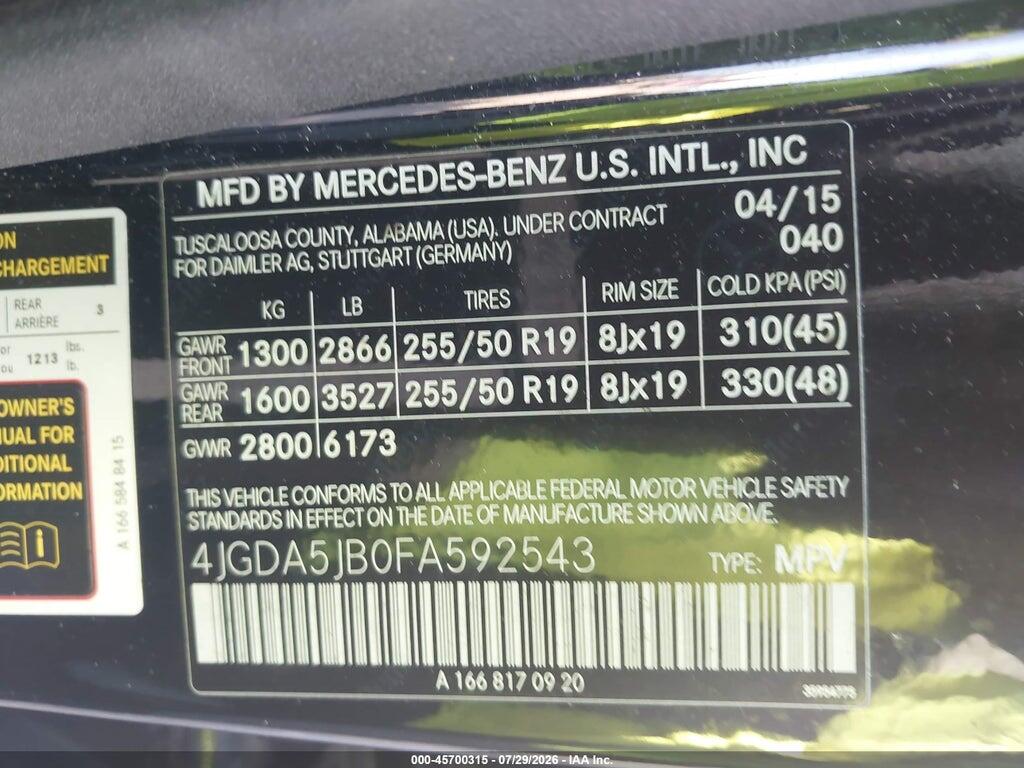4JGDA5JB0FA592543 2015 MERCEDES-BENZ ML 350 photo no. 9