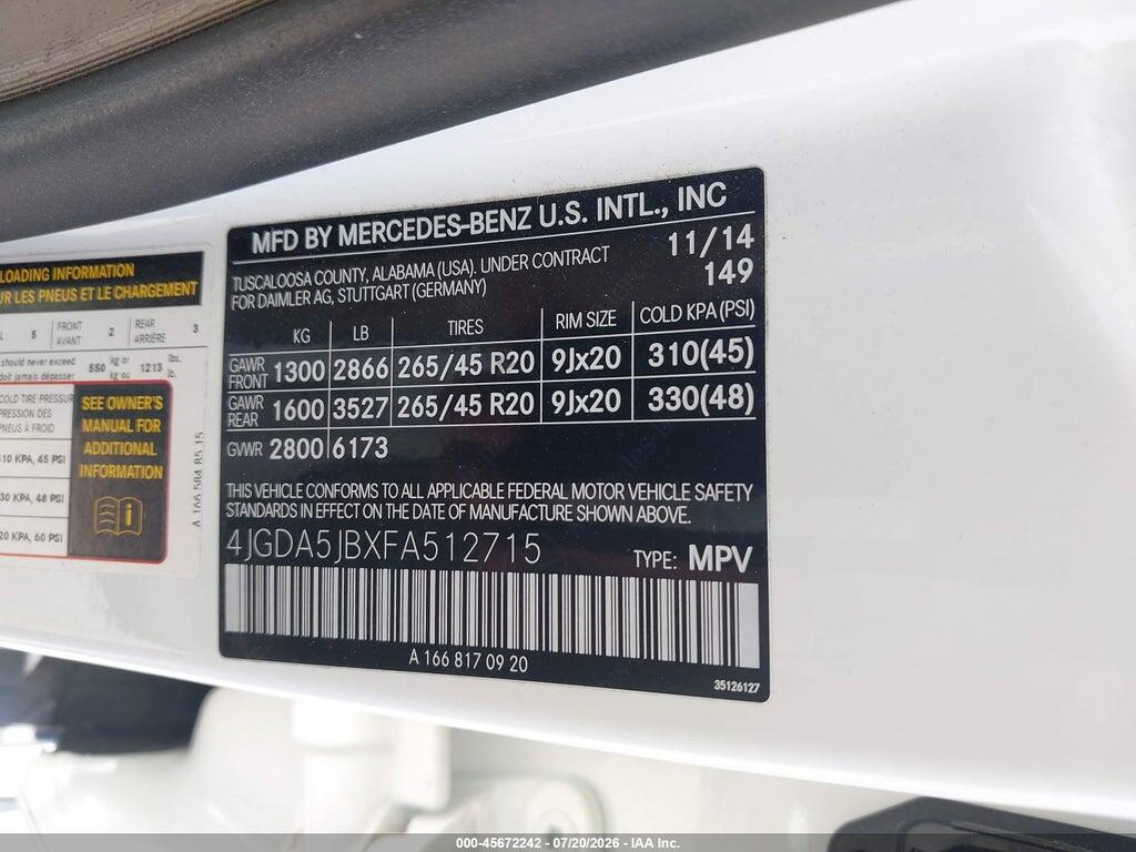 4JGDA5JBXFA512715 2015 MERCEDES-BENZ ML 350 photo no. 9