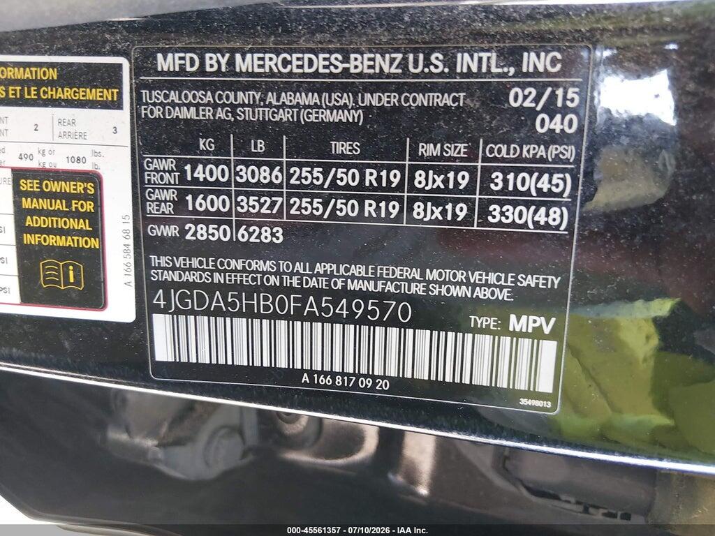 4JGDA5HB0FA549570 2015 MERCEDES-BENZ ML 350 photo no. 9