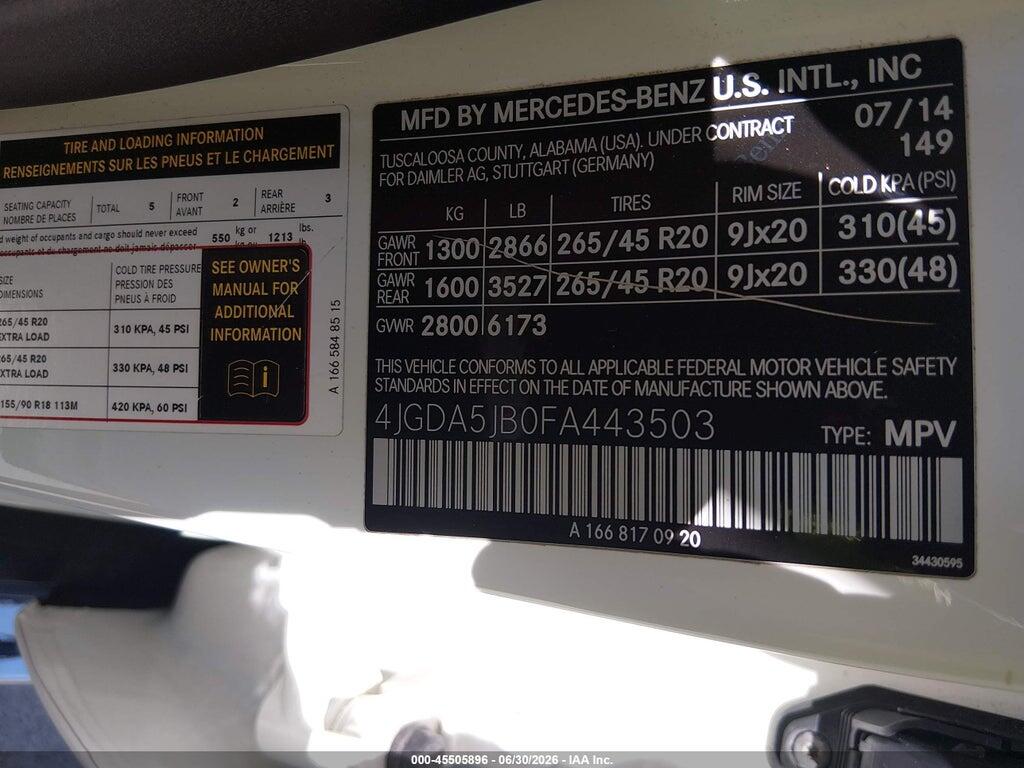 4JGDA5JB0FA443503 2015 MERCEDES-BENZ ML 350 photo no. 9