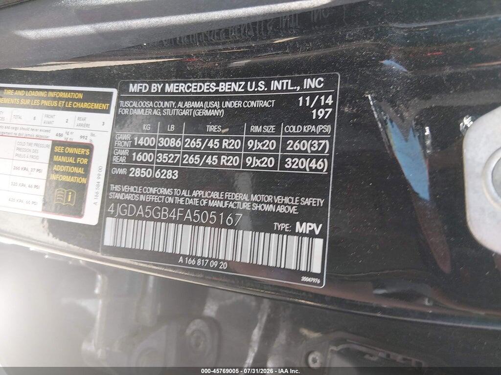 4JGDA5GB4FA505167 2015 MERCEDES-BENZ ML 400 photo no. 9