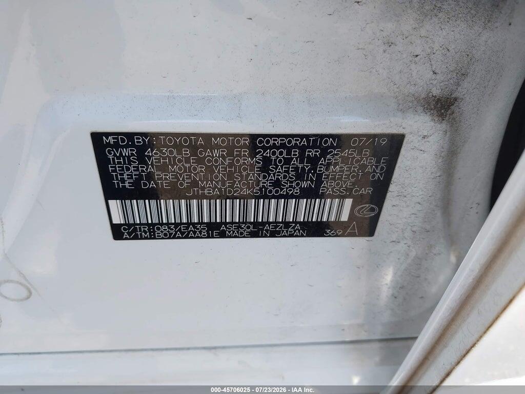 JTHBA1D24K5100498 2019 LEXUS IS 300 photo no. 9