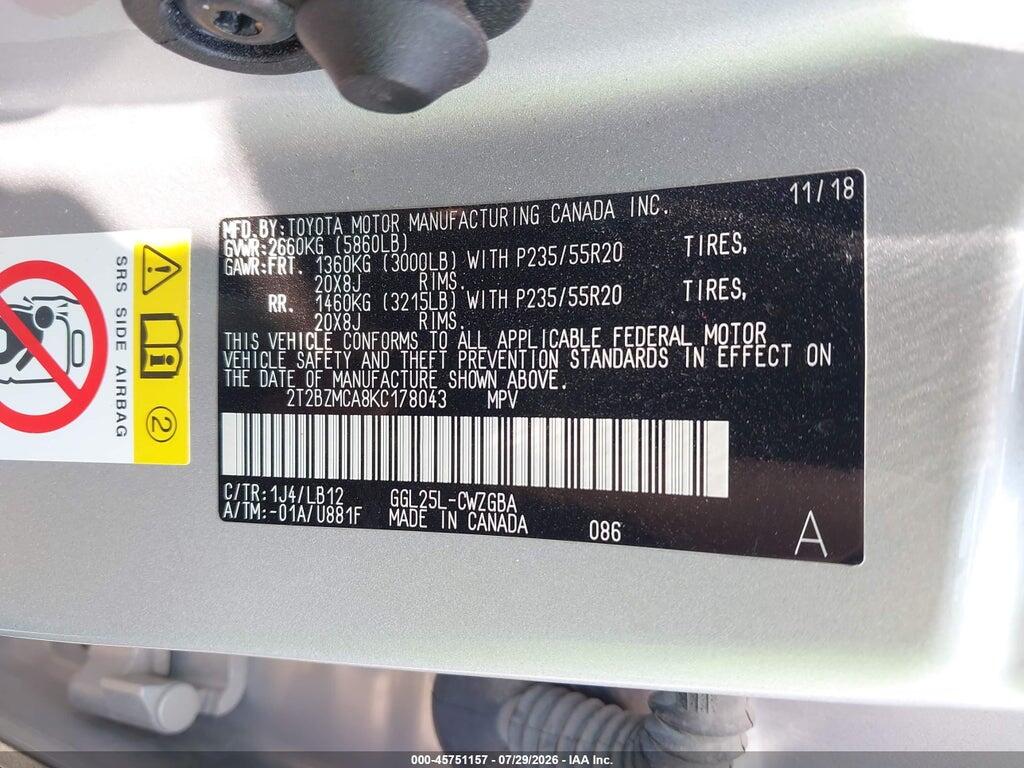 2T2BZMCA8KC178043 2019 LEXUS RX 350 photo no. 9