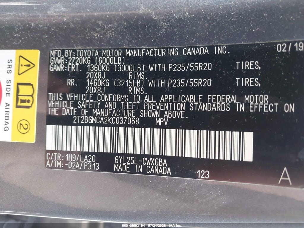 2T2BGMCA2KC037068 2019 LEXUS RX 450H photo no. 9