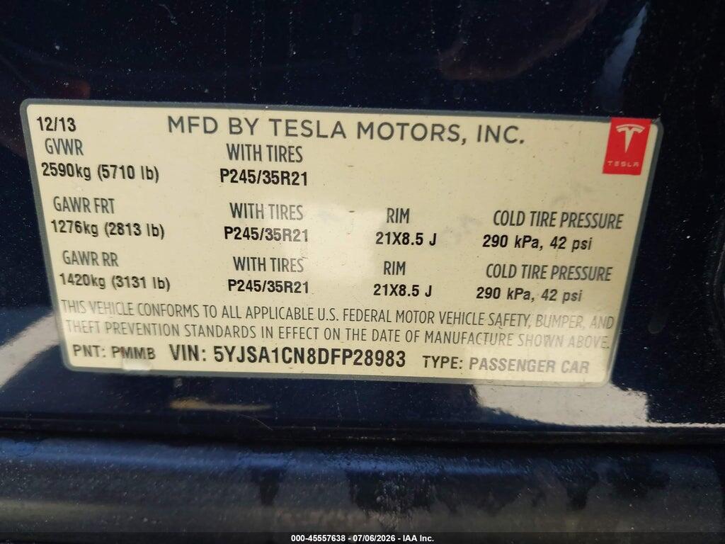 5YJSA1CN8DFP28983 2013 TESLA MODEL S photo no. 9