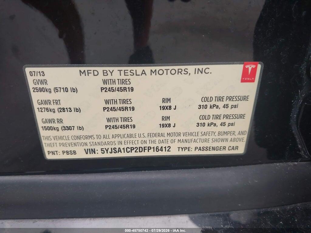 5YJSA1CP2DFP16412 2013 TESLA MODEL S photo no. 9