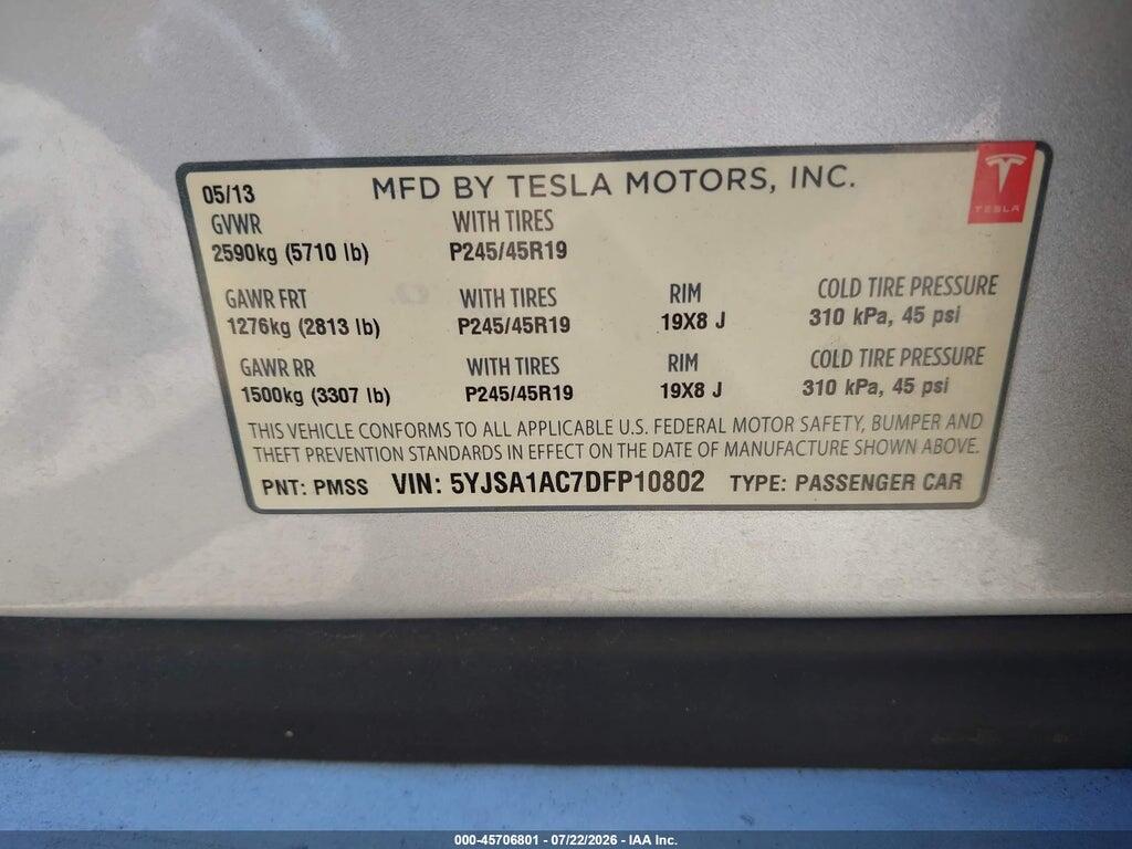 5YJSA1AC7DFP10802 2013 TESLA MODEL S photo no. 9