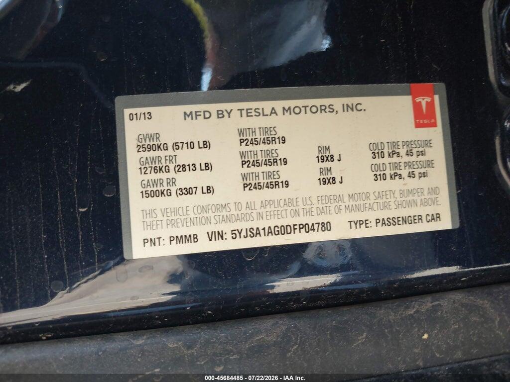 5YJSA1AG0DFP04780 2013 TESLA MODEL S photo no. 9