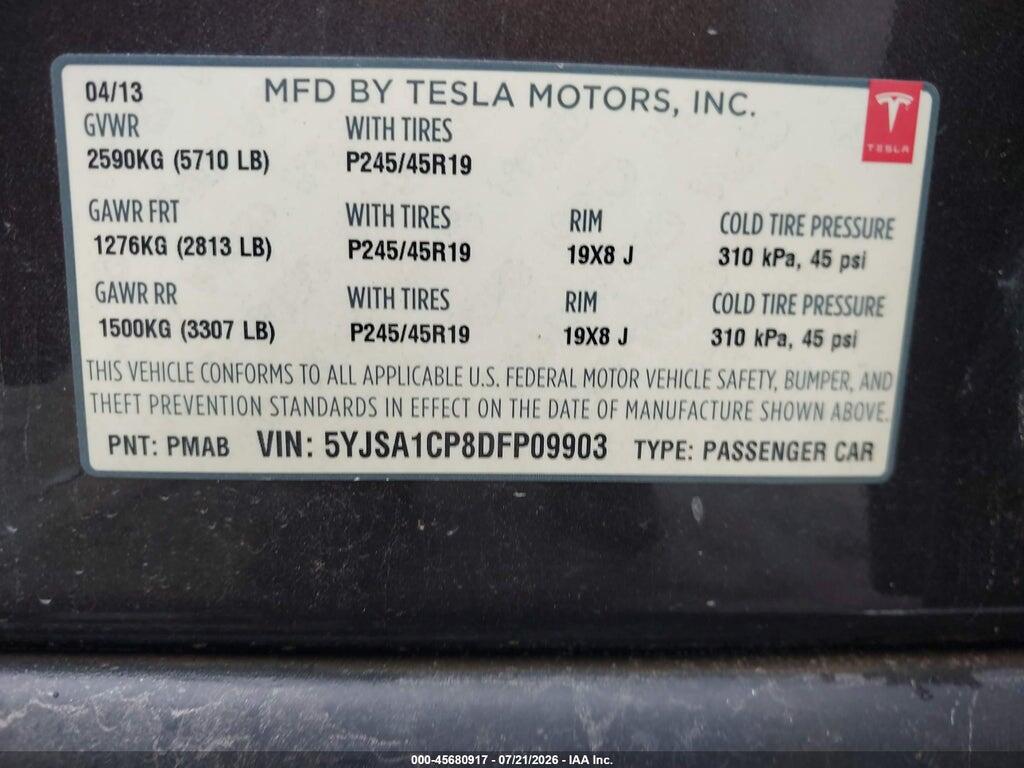 5YJSA1CP8DFP09903 2013 TESLA MODEL S photo no. 9
