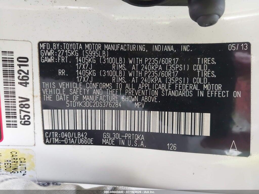 5TDYK3DC2DS376284 2013 TOYOTA SIENNA photo no. 9