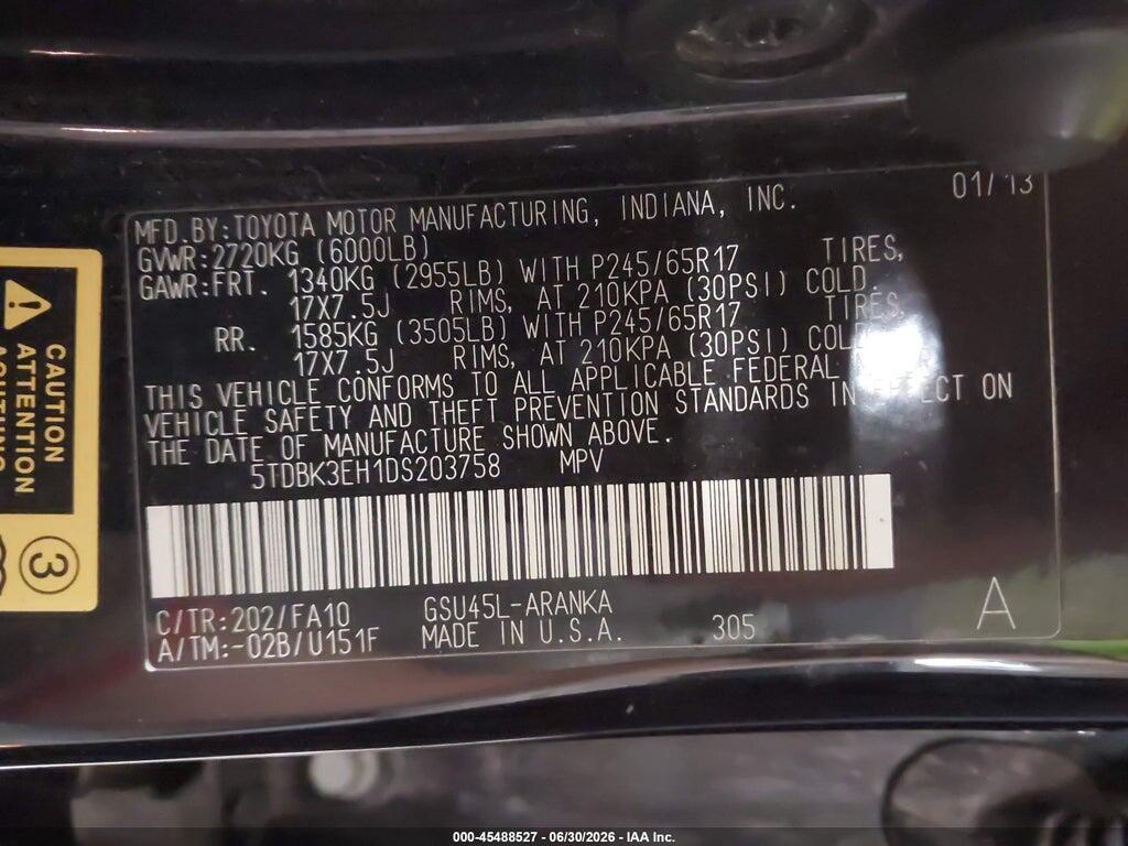 5TDBK3EH1DS203758 2013 TOYOTA HIGHLANDER photo no. 9