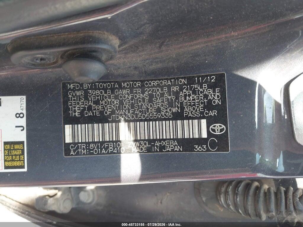 JTDKN3DU5D5559335 2013 TOYOTA PRIUS photo no. 9