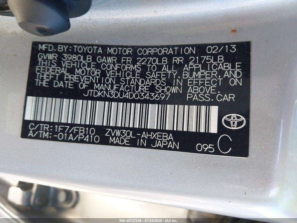 JTDKN3DU4D0343697 2013 TOYOTA PRIUS photo no. 9
