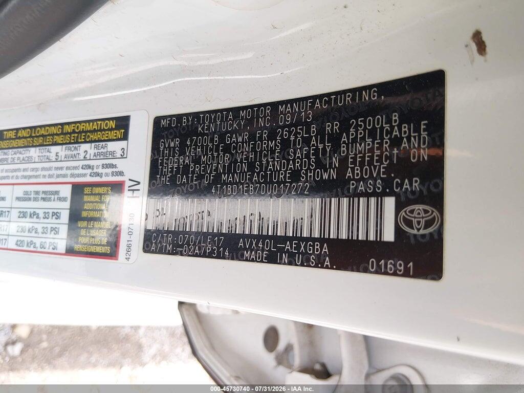 4T1BD1EB7DU017272 2013 TOYOTA AVALON HYBRID photo no. 9