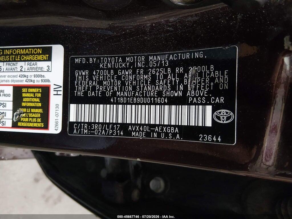 4T1BD1EB9DU011604 2013 TOYOTA AVALON HYBRID photo no. 9