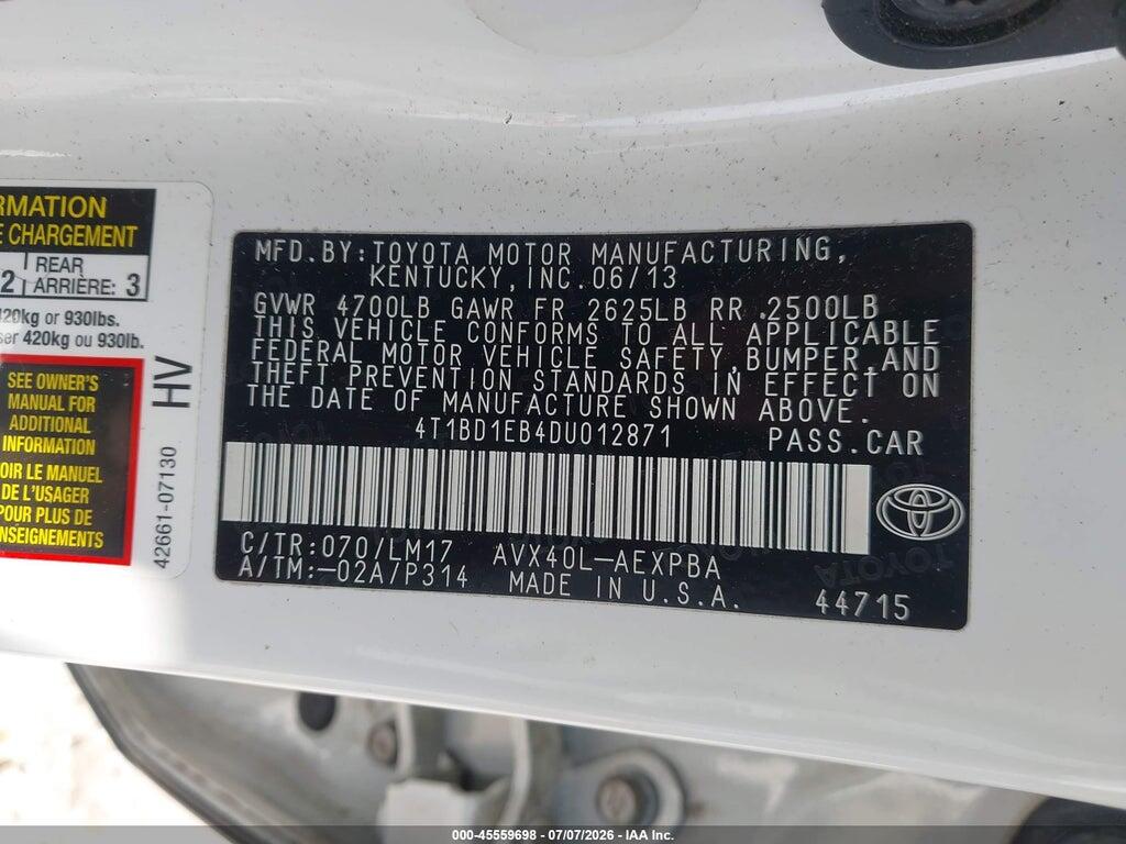 4T1BD1EB4DU012871 2013 TOYOTA AVALON HYBRID photo no. 9