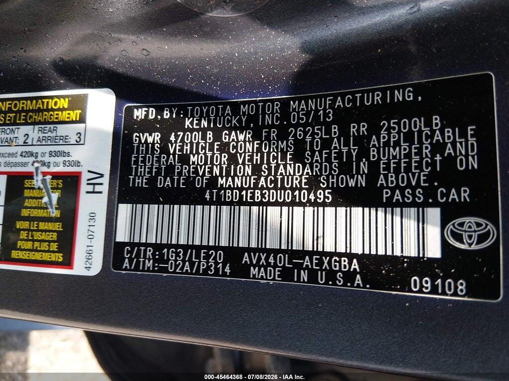 4T1BD1EB3DU010495 2013 TOYOTA AVALON HYBRID photo no. 9