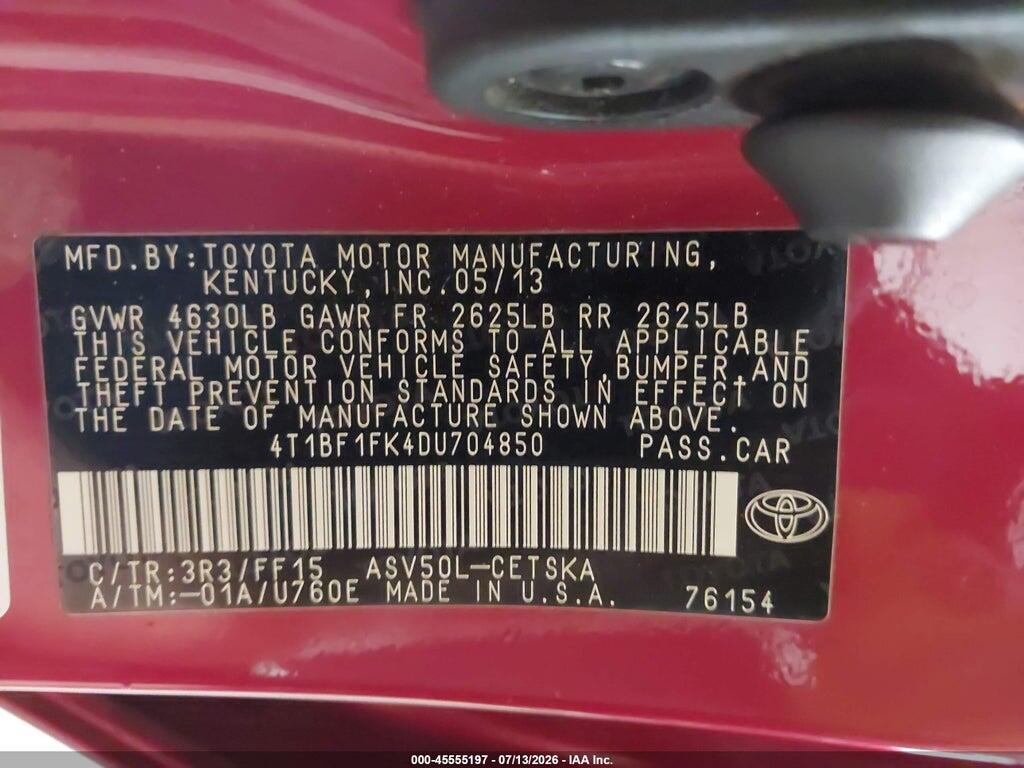 4T1BF1FK4DU704850 2013 TOYOTA CAMRY photo no. 9