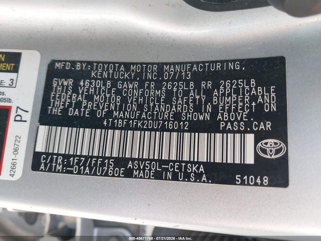 4T1BF1FK2DU716012 2013 TOYOTA CAMRY photo no. 9
