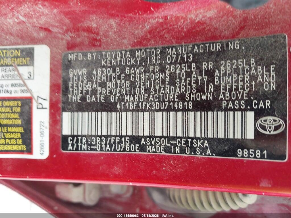 4T1BF1FK3DU714818 2013 TOYOTA CAMRY photo no. 9