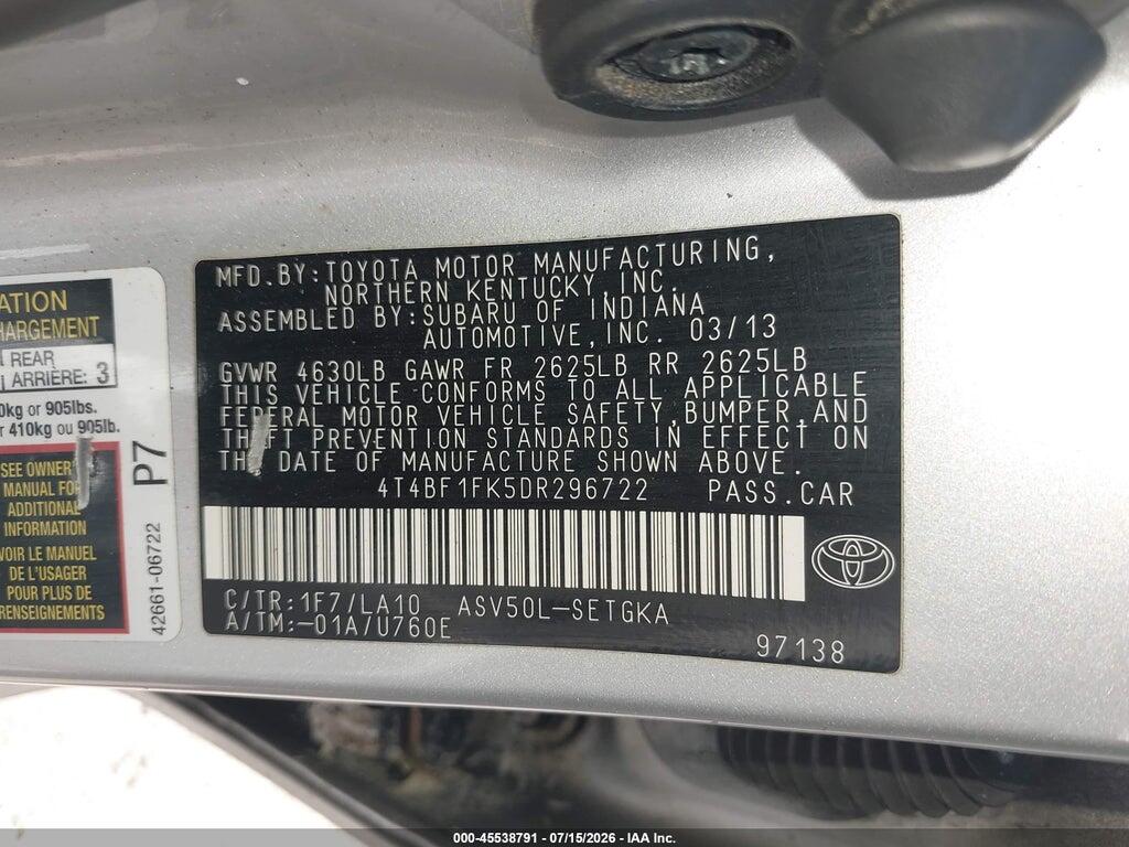 4T4BF1FK5DR296722 2013 TOYOTA CAMRY photo no. 9