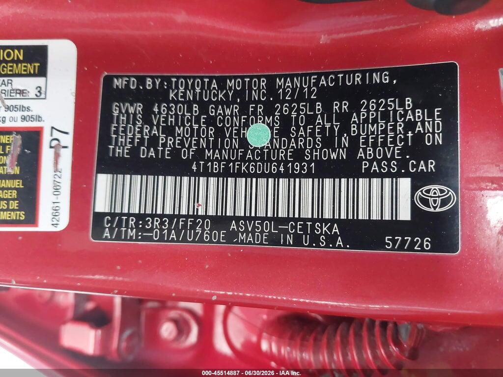 4T1BF1FK6DU641931 2013 TOYOTA CAMRY photo no. 9