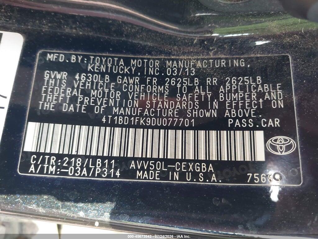 4T1BD1FK9DU077701 2013 TOYOTA CAMRY HYBRID photo no. 9