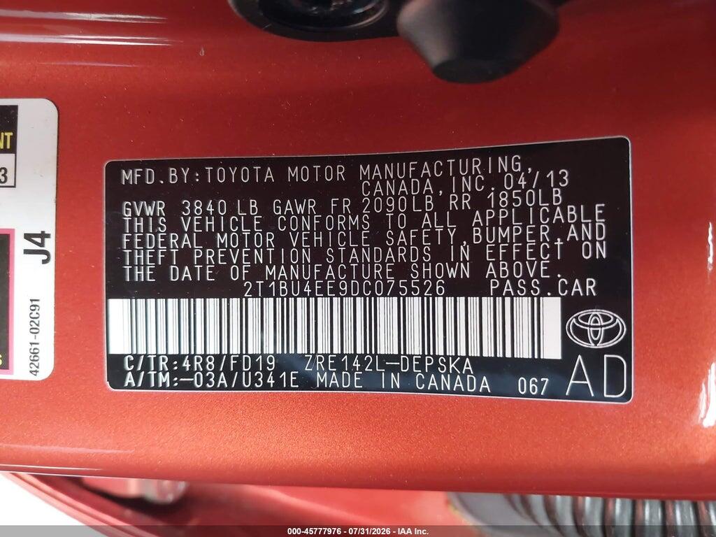 2T1BU4EE9DC075526 2013 TOYOTA COROLLA photo no. 9