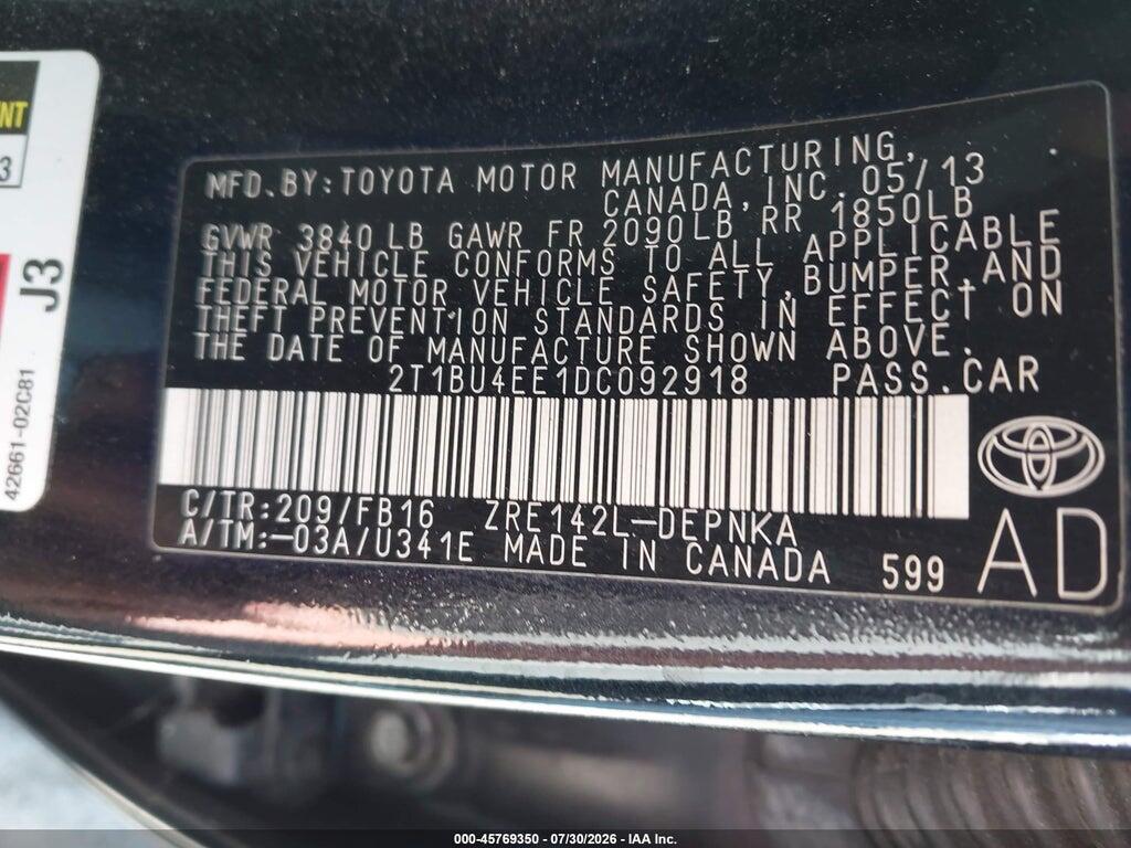 2T1BU4EE1DC092918 2013 TOYOTA COROLLA photo no. 9