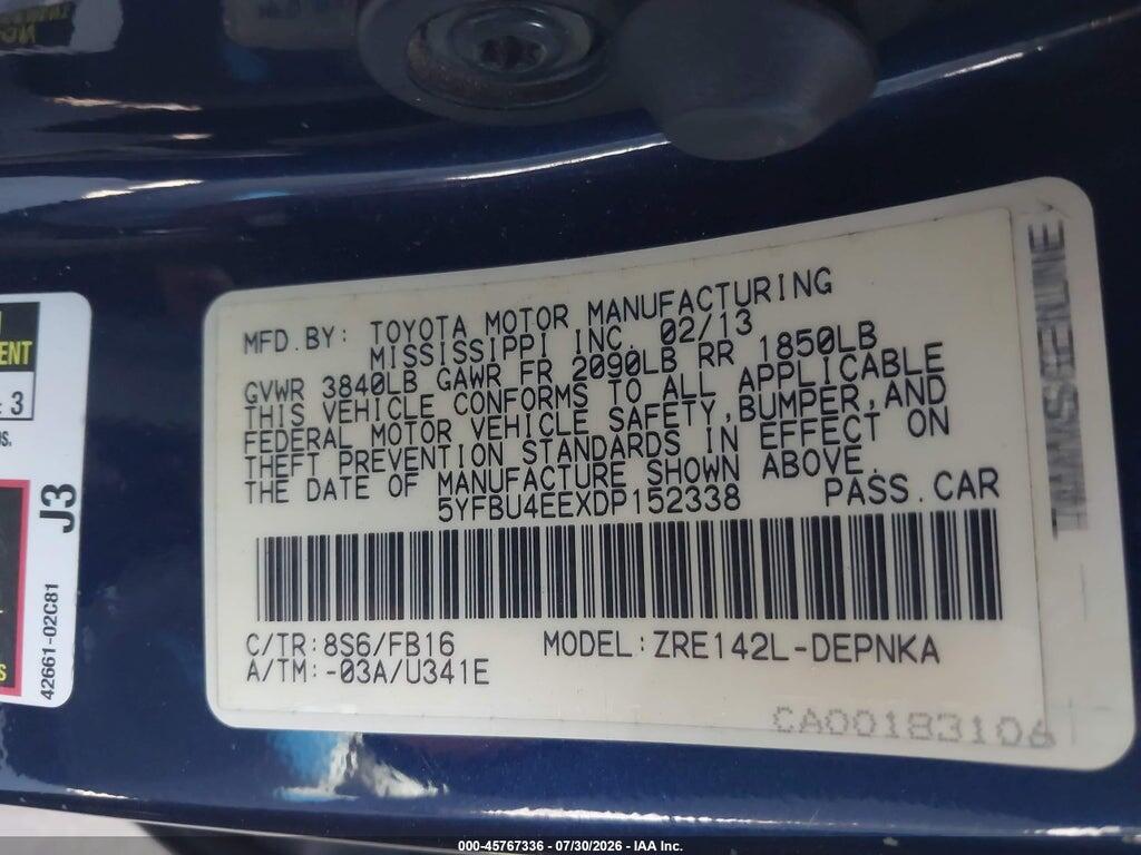 5YFBU4EEXDP152338 2013 TOYOTA COROLLA photo no. 9