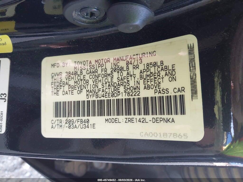 5YFBU4EE0DP178222 2013 TOYOTA COROLLA photo no. 9