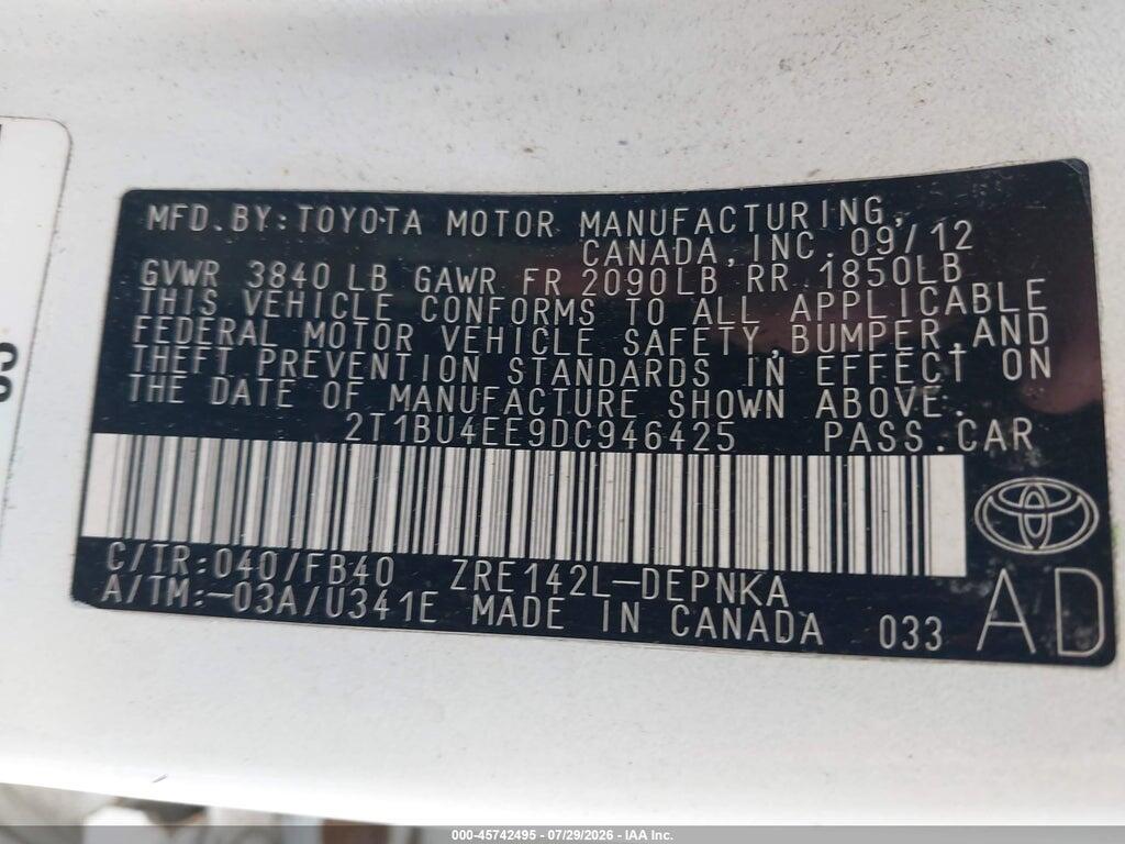 2T1BU4EE9DC946425 2013 TOYOTA COROLLA photo no. 9
