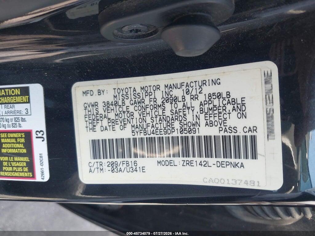 5YFBU4EE9DP105091 2013 TOYOTA COROLLA photo no. 9