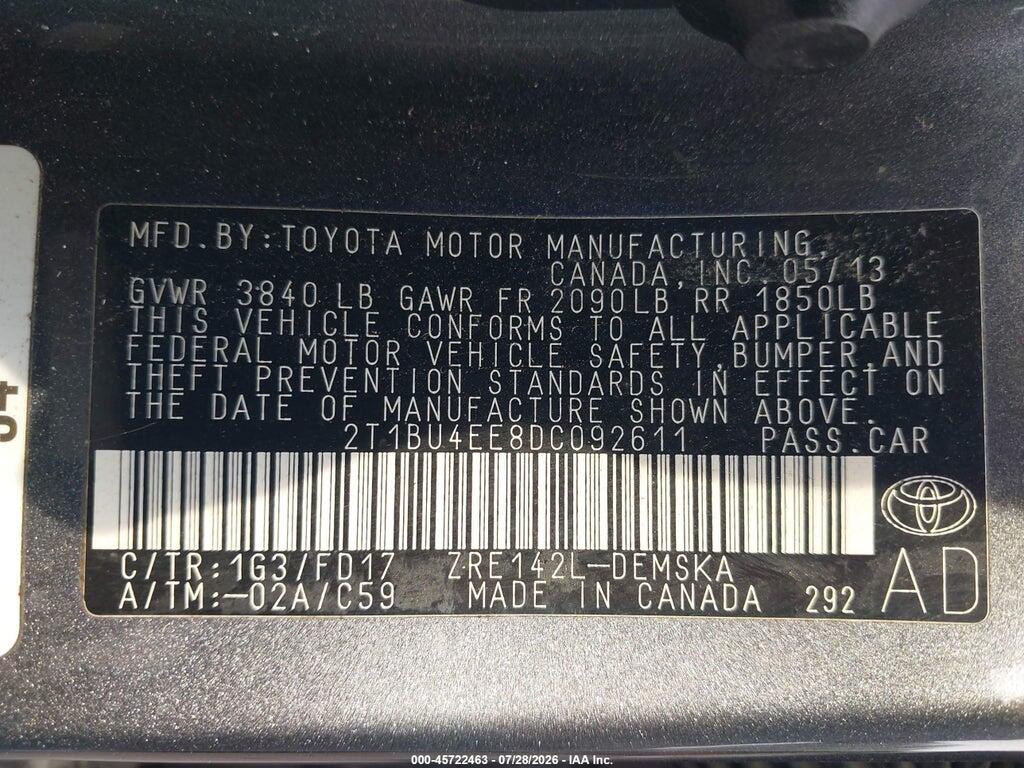 2T1BU4EE8DC092611 2013 TOYOTA COROLLA photo no. 9