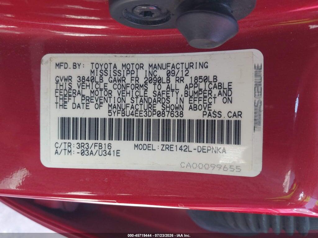 5YFBU4EE3DP087638 2013 TOYOTA COROLLA photo no. 9