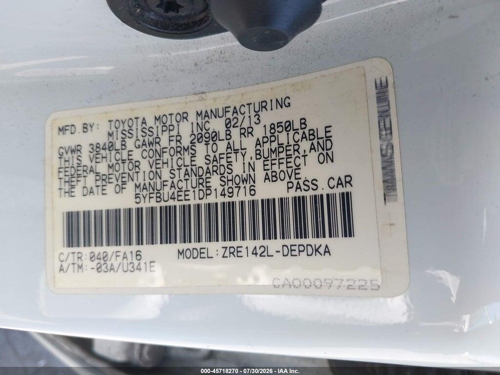 5YFBU4EE1DP149716 2013 TOYOTA COROLLA photo no. 9