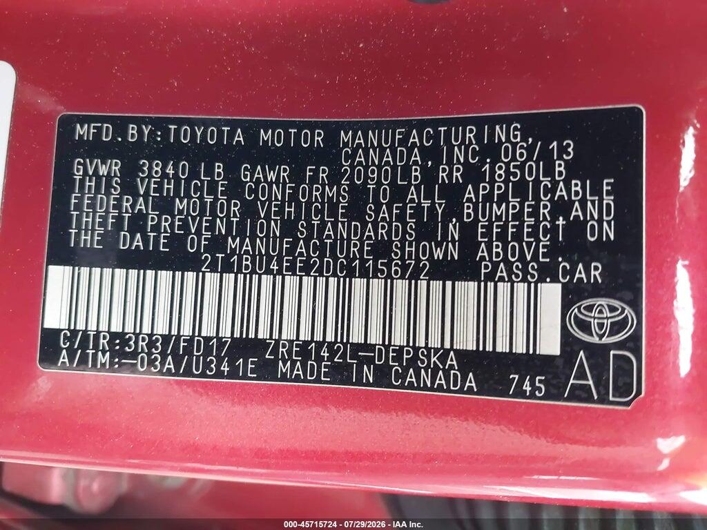 2T1BU4EE2DC115672 2013 TOYOTA COROLLA photo no. 9
