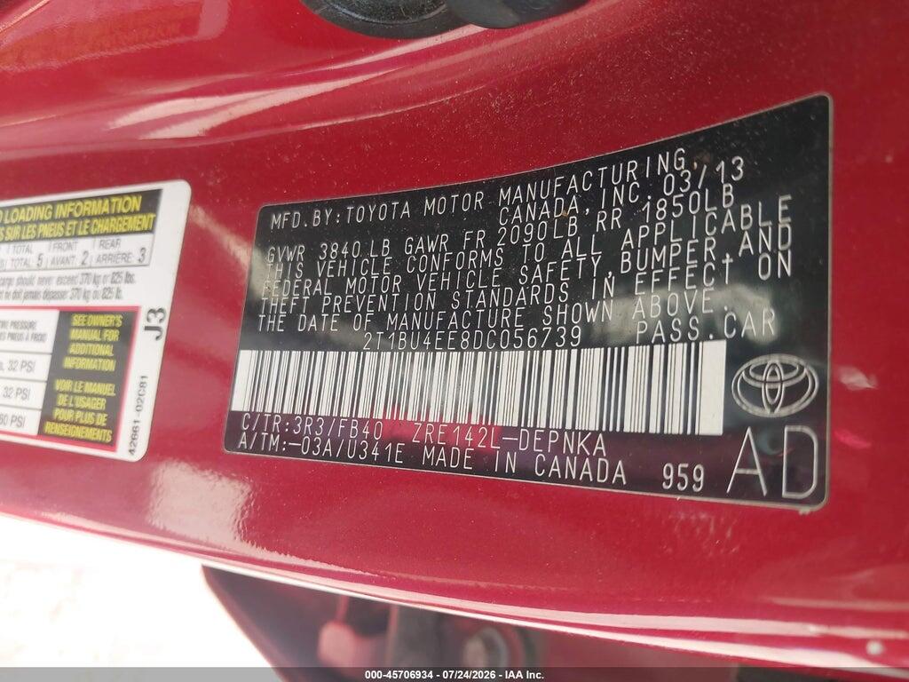 2T1BU4EE8DC056739 2013 TOYOTA COROLLA photo no. 9