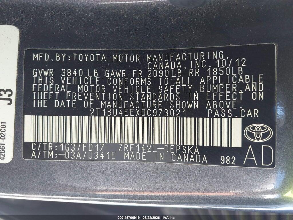 2T1BU4EEXDC973021 2013 TOYOTA COROLLA photo no. 9