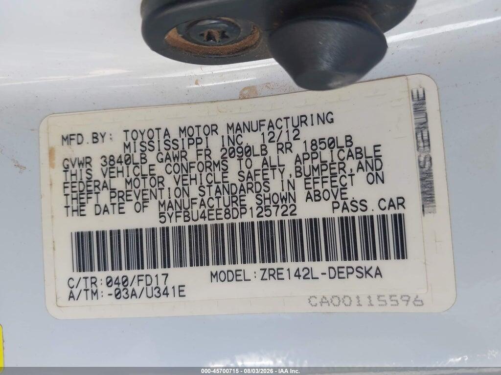 5YFBU4EE8DP125722 2013 TOYOTA COROLLA photo no. 9