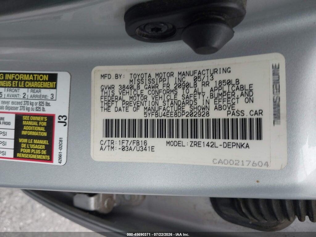 5YFBU4EE8DP202928 2013 TOYOTA COROLLA photo no. 9