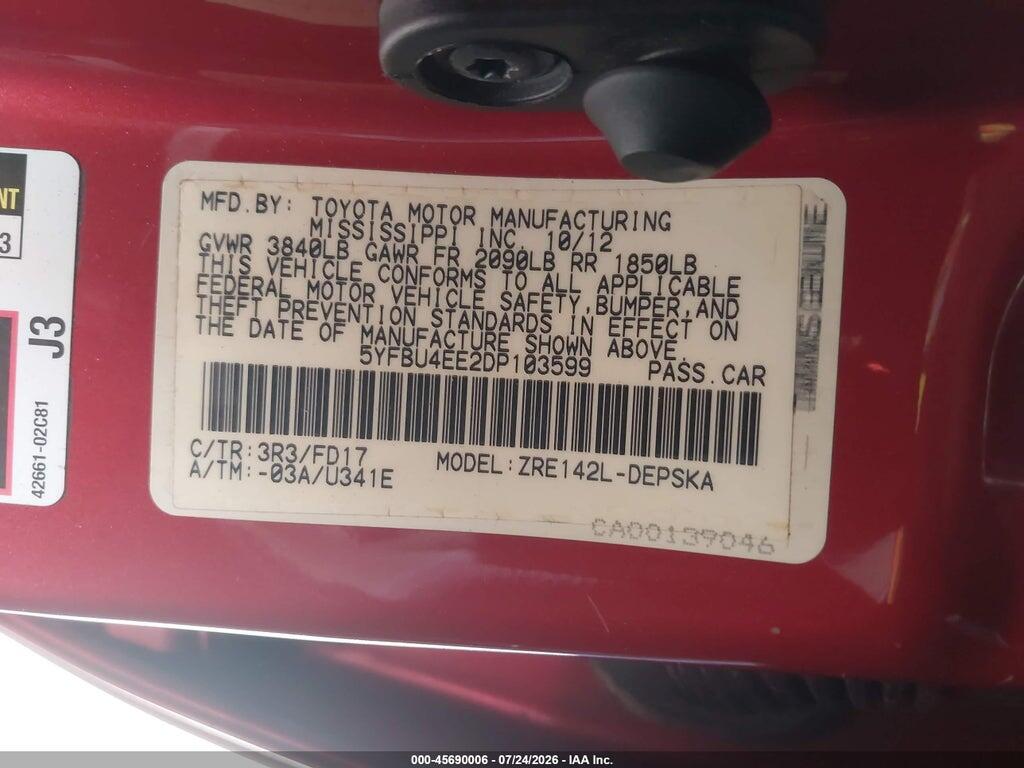 5YFBU4EE2DP103599 2013 TOYOTA COROLLA photo no. 9