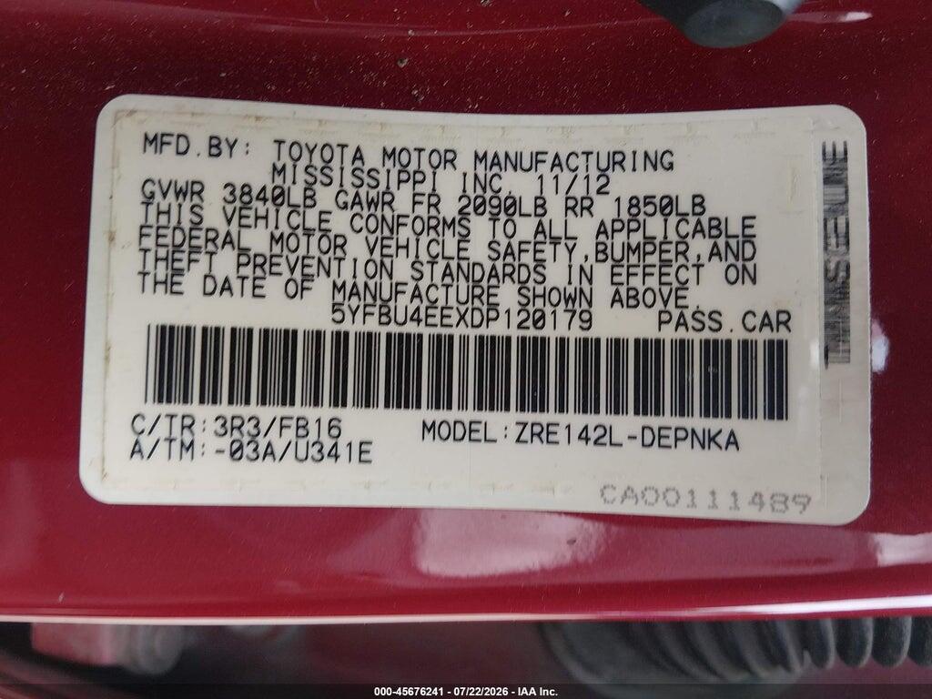 5YFBU4EEXDP120179 2013 TOYOTA COROLLA photo no. 9