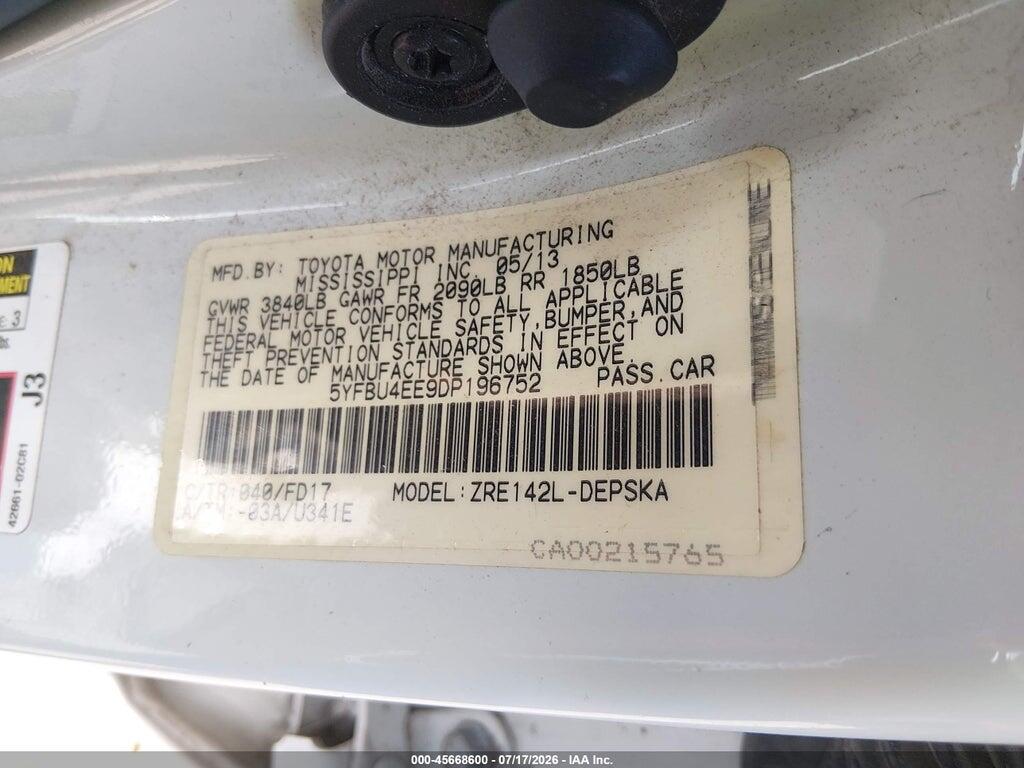 5YFBU4EE9DP196752 2013 TOYOTA COROLLA photo no. 9