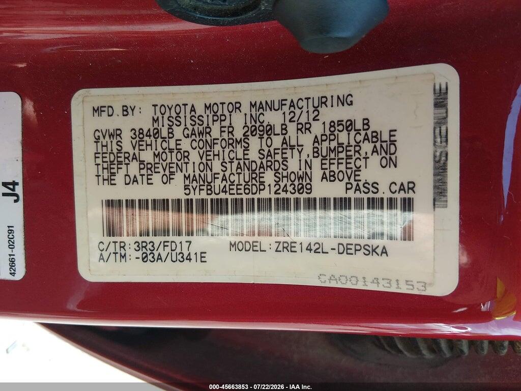 5YFBU4EE6DP124309 2013 TOYOTA COROLLA photo no. 9
