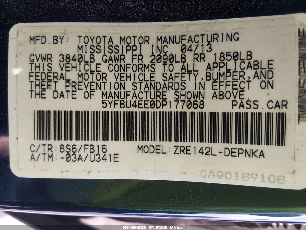 5YFBU4EE0DP177068 2013 TOYOTA COROLLA photo no. 9