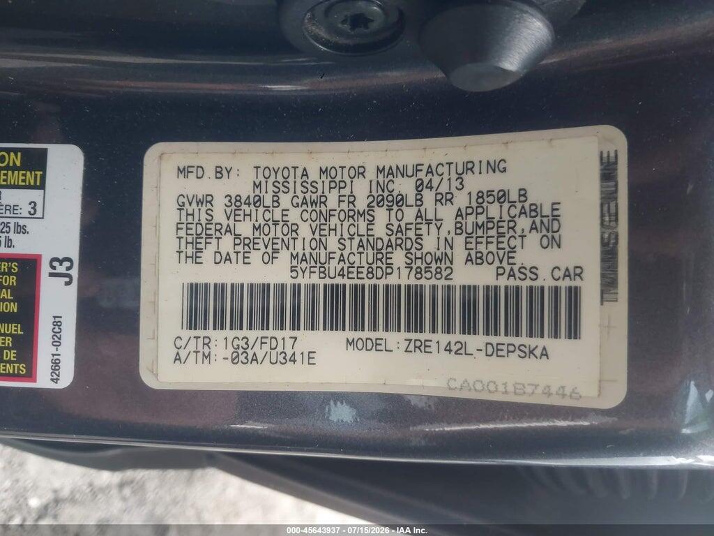 5YFBU4EE8DP178582 2013 TOYOTA COROLLA photo no. 9
