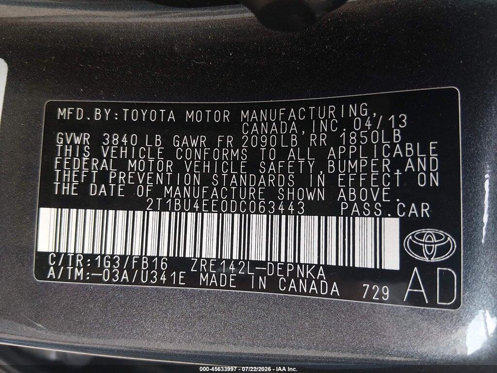 2T1BU4EE0DC063443 2013 TOYOTA COROLLA photo no. 9